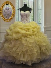 Luxurious Yellow Sleeveless Beading and Ruffles and Pick Ups Floor Length Sweet 16 Dresses
