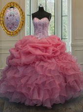 Unique Pick Ups Watermelon Red Sleeveless Organza Lace Up Quinceanera Dress for Military Ball and Sweet 16 and Quinceanera