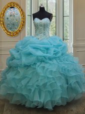 Perfect Baby Blue Organza Lace Up Sweetheart Sleeveless Floor Length Vestidos de Quinceanera Beading and Pick Ups