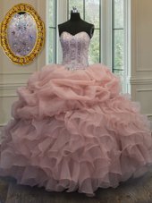 Luxury Organza Sweetheart Sleeveless Lace Up Beading and Pick Ups Sweet 16 Quinceanera Dress in Baby Pink