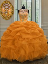 Glamorous Scoop Sleeveless Organza Floor Length Lace Up Sweet 16 Dress in Gold for with Beading and Pick Ups