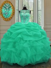 Fantastic Scoop Floor Length Lace Up Ball Gown Prom Dress Apple Green and In for Military Ball and Sweet 16 and Quinceanera with Beading and Pick Ups