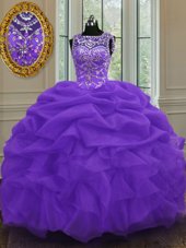Eye-catching Scoop Sleeveless Floor Length Beading and Pick Ups Lace Up Vestidos de Quinceanera with Eggplant Purple