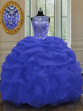 Noble Blue Ball Gowns Scoop Sleeveless Organza Floor Length Lace Up Beading and Pick Ups Quinceanera Gown