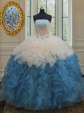 Popular Blue And White Side Zipper Strapless Beading and Ruffles Sweet 16 Quinceanera Dress Organza Sleeveless