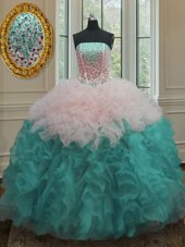 Dazzling Strapless Sleeveless Organza 15th Birthday Dress Beading and Ruffles Lace Up