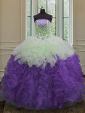 Free and Easy White And Purple Sweet 16 Dresses Military Ball and Sweet 16 and Quinceanera and For with Beading and Ruffles Strapless Sleeveless Lace Up