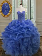 Traditional Beading and Ruffles Quinceanera Gowns Blue Lace Up Sleeveless Floor Length