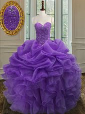 Flirting Lavender Ball Gowns Organza Sweetheart Sleeveless Beading and Ruffles Floor Length Lace Up Quinceanera Gowns