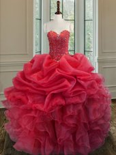 Luxury Coral Red Sleeveless Beading and Ruffles Floor Length Quinceanera Dresses