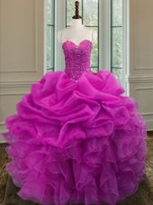 Graceful Fuchsia Ball Gowns Sweetheart Sleeveless Organza Floor Length Lace Up Beading and Ruffles Sweet 16 Dress