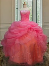 Adorable Sleeveless Organza Floor Length Lace Up Quinceanera Gowns in Pink for with Embroidery and Pick Ups