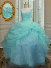 Trendy Aqua Blue Sleeveless Embroidery and Pick Ups Floor Length Quince Ball Gowns