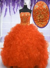 Pretty Orange Sleeveless With Train Beading and Appliques and Ruffles Lace Up Sweet 16 Quinceanera Dress