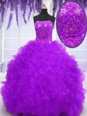 Hot Selling Eggplant Purple Organza Lace Up Ball Gown Prom Dress Sleeveless With Brush Train Beading and Appliques and Ruffles