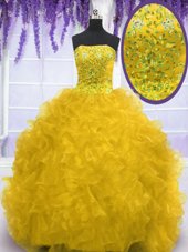 Exquisite Gold Sleeveless Organza Brush Train Lace Up Quinceanera Gown for Military Ball and Sweet 16 and Quinceanera