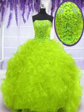 Chic With Train Yellow Green Sweet 16 Quinceanera Dress Organza Brush Train Sleeveless Beading and Appliques and Ruffles