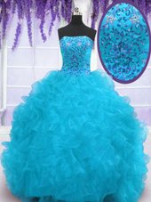 Clearance With Train Lace Up Sweet 16 Dress Aqua Blue and In for Military Ball and Sweet 16 and Quinceanera with Beading and Ruffles Brush Train