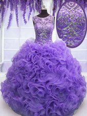 Organza Scoop Sleeveless Lace Up Beading and Ruffles Vestidos de Quinceanera in Lavender