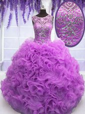 Flare Lilac Ball Gowns Organza Scoop Sleeveless Beading and Ruffles Floor Length Lace Up Quinceanera Gown