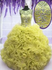 Scoop Yellow Sleeveless Organza Lace Up 15 Quinceanera Dress for Military Ball and Sweet 16 and Quinceanera