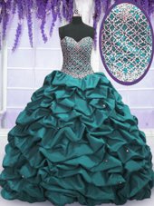 Traditional Teal Sleeveless Floor Length Beading and Sequins and Pick Ups Lace Up Sweet 16 Dress