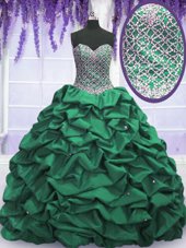 Hot Selling Dark Green Ball Gowns Taffeta Sweetheart Sleeveless Beading and Sequins and Pick Ups Floor Length Lace Up Sweet 16 Quinceanera Dress