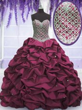 Customized Burgundy Sweetheart Neckline Beading and Sequins and Pick Ups Ball Gown Prom Dress Sleeveless Lace Up