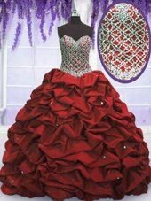 Wine Red Ball Gowns Beading and Sequins and Pick Ups Quince Ball Gowns Lace Up Taffeta Sleeveless Floor Length