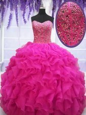 Sexy Ball Gowns Quince Ball Gowns Fuchsia Sweetheart Organza Sleeveless Floor Length Lace Up
