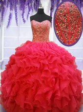 Unique Sweetheart Sleeveless Organza 15th Birthday Dress Beading and Ruffles Lace Up