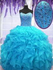 Fabulous Baby Blue Organza Lace Up Quinceanera Dresses Sleeveless Floor Length Beading and Ruffles