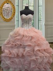 Cute Beading and Ruffles Quince Ball Gowns Peach Lace Up Sleeveless Floor Length