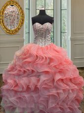 Elegant Beading and Ruffles Quinceanera Gown Watermelon Red and Peach Lace Up Sleeveless Floor Length