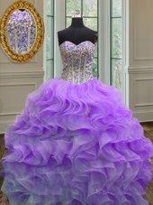 Wonderful Sleeveless Floor Length Beading and Ruffles Lace Up Sweet 16 Dress with Lavender