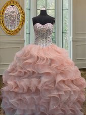 Fashionable Ball Gowns Quince Ball Gowns Peach Sweetheart Organza Sleeveless Floor Length Lace Up