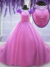 Clearance Scoop Tulle Short Sleeves Floor Length Quince Ball Gowns and Hand Made Flower