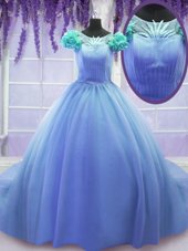 Glamorous Scoop Purple Tulle Lace Up 15th Birthday Dress Short Sleeves Court Train Hand Made Flower