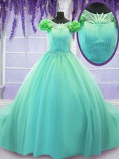 Elegant Scoop Turquoise Lace Up Sweet 16 Dress Hand Made Flower Short Sleeves Court Train