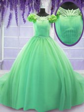 Edgy Scoop Short Sleeves Sweet 16 Dresses Court Train Hand Made Flower Green Tulle