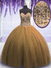 Cheap Brown Tulle Lace Up Sweet 16 Dresses Sleeveless Floor Length Beading