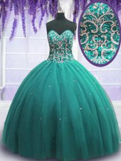 Turquoise Lace Up Sweetheart Beading Quince Ball Gowns Tulle Sleeveless