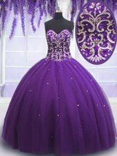 Elegant Sweetheart Sleeveless Quinceanera Dresses Floor Length Beading Eggplant Purple Tulle