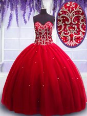 Spectacular Red Sleeveless Beading Floor Length Quinceanera Gowns