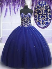 Ideal Tulle Sweetheart Sleeveless Lace Up Beading Quinceanera Gowns in Royal Blue