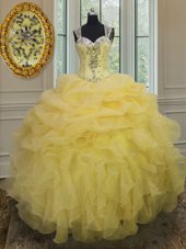 Top Selling Light Yellow Ball Gowns Straps Sleeveless Organza Floor Length Zipper Beading and Ruffles 15 Quinceanera Dress