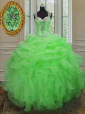 Edgy Straps Neckline Beading and Ruffles Ball Gown Prom Dress Sleeveless Zipper