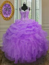 Beauteous Ball Gowns Quince Ball Gowns Lavender Straps Organza Sleeveless Floor Length Zipper