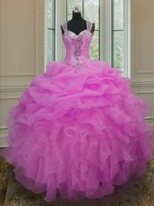 Ideal Straps Straps Lilac Zipper Ball Gown Prom Dress Beading and Ruffles Sleeveless Floor Length