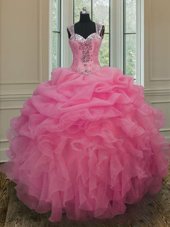 Glamorous Organza Straps Sleeveless Zipper Beading and Ruffles Sweet 16 Dress in Baby Pink